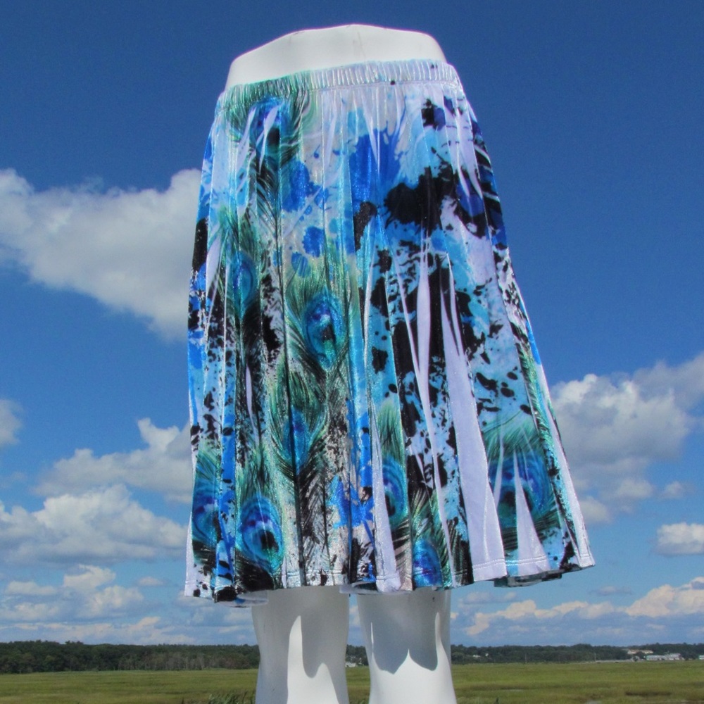 L The Pyramid Collection skirt flare velour peacock feather elastic waist cute